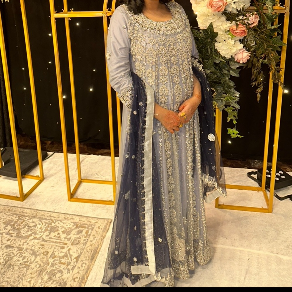 Heavy Pakistani Indian Embroidered Light Gray & blue dress - OPEN TO ALL OFFERS